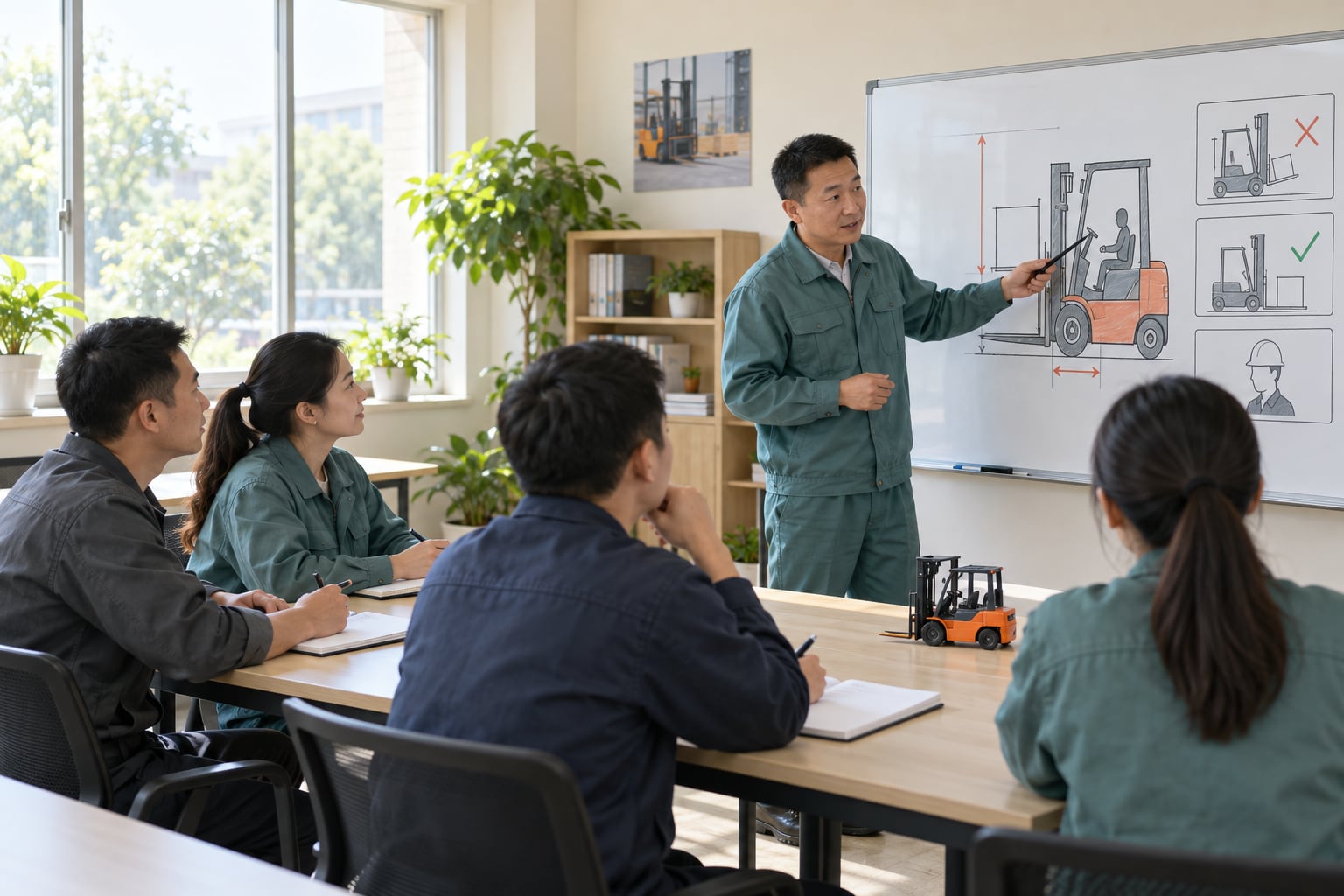 教师讲解叉车安全知识,学员结合课堂内容学习